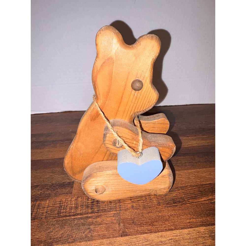 Rustic Handcrafted Jointed Wooden Teddy Bear Figurine with Blue Heart Charm 7.5"